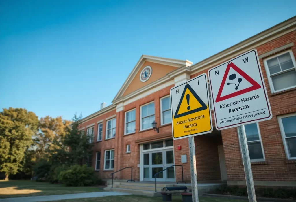 Asbestos warning sign in front of an old Philadelphia school building
