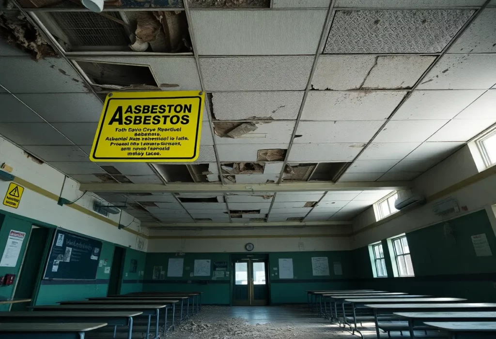 Crumbling ceiling and asbestos warning in an abandoned school