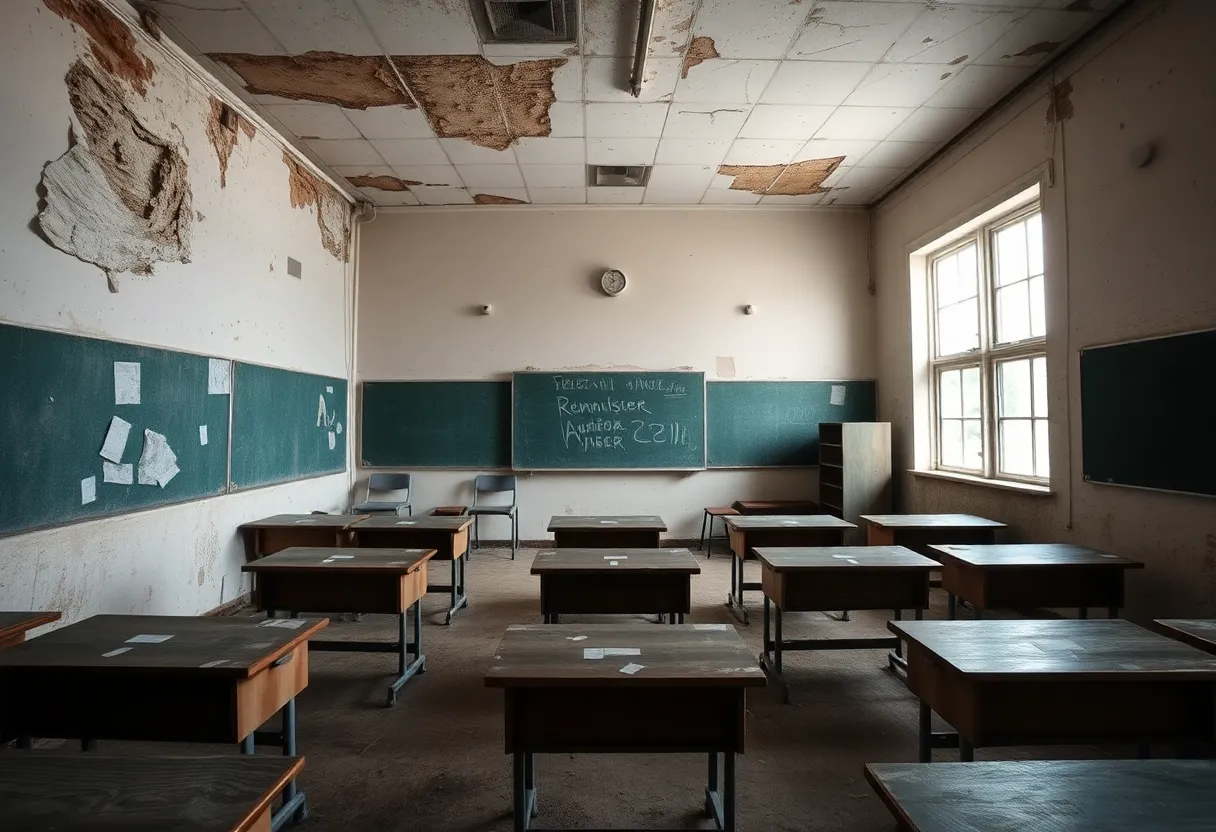 Classroom with signs of deterioration and potential asbestos risks