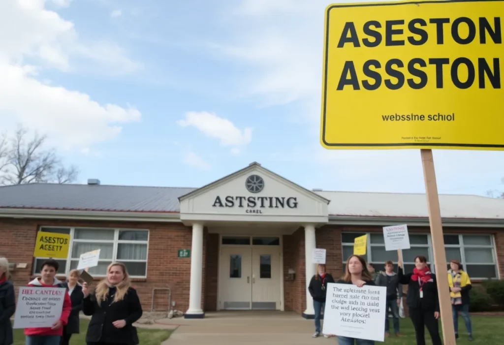 Illustration of a school building with asbestos warning signs
