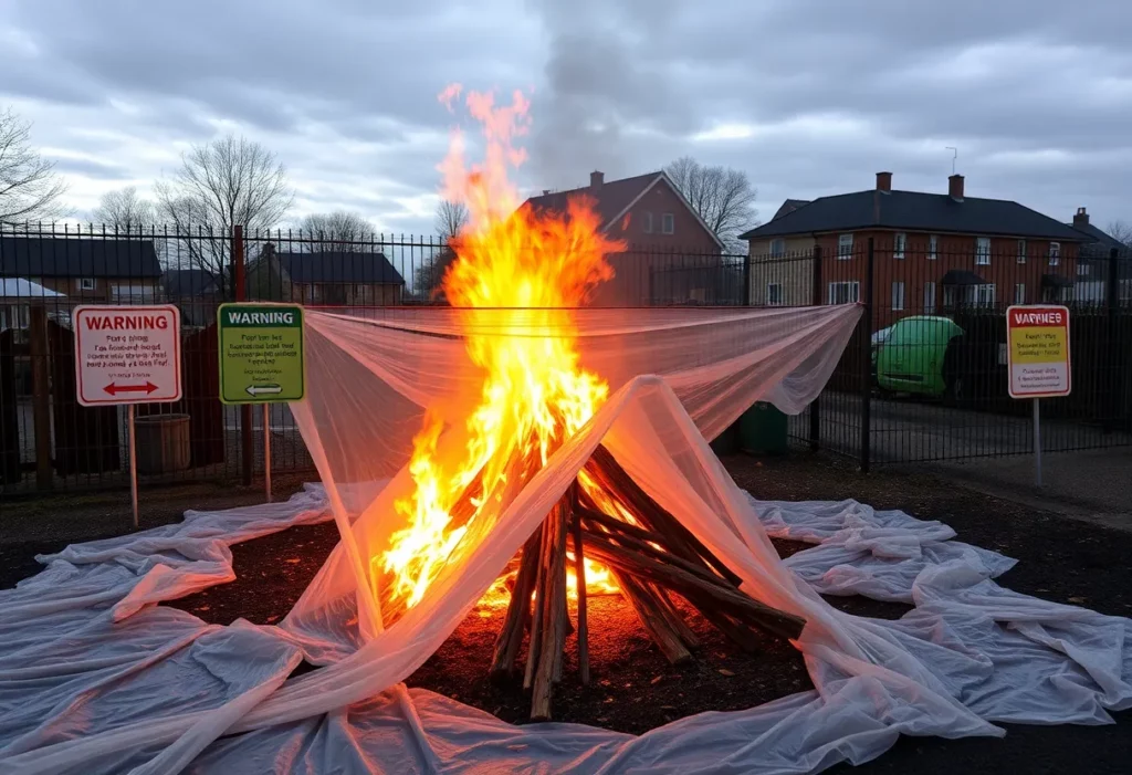 Safety measures around a bonfire site in Belfast with asbestos concerns