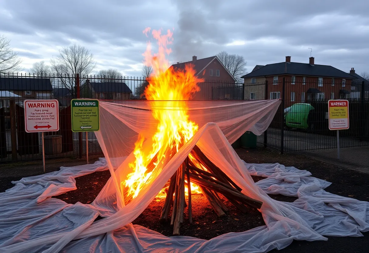 Safety measures around a bonfire site in Belfast with asbestos concerns