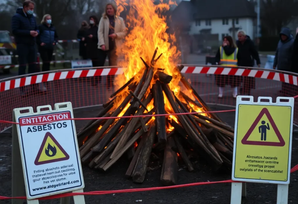 Community bonfire near an asbestos site with environmental warnings