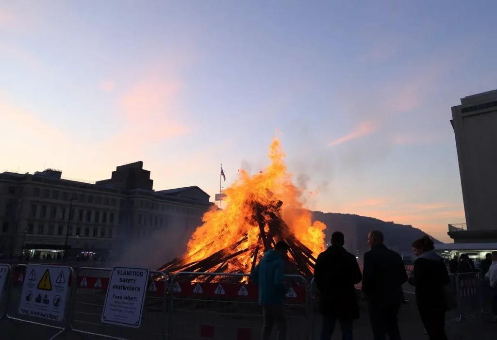 People discussing safety measures near a large bonfire.