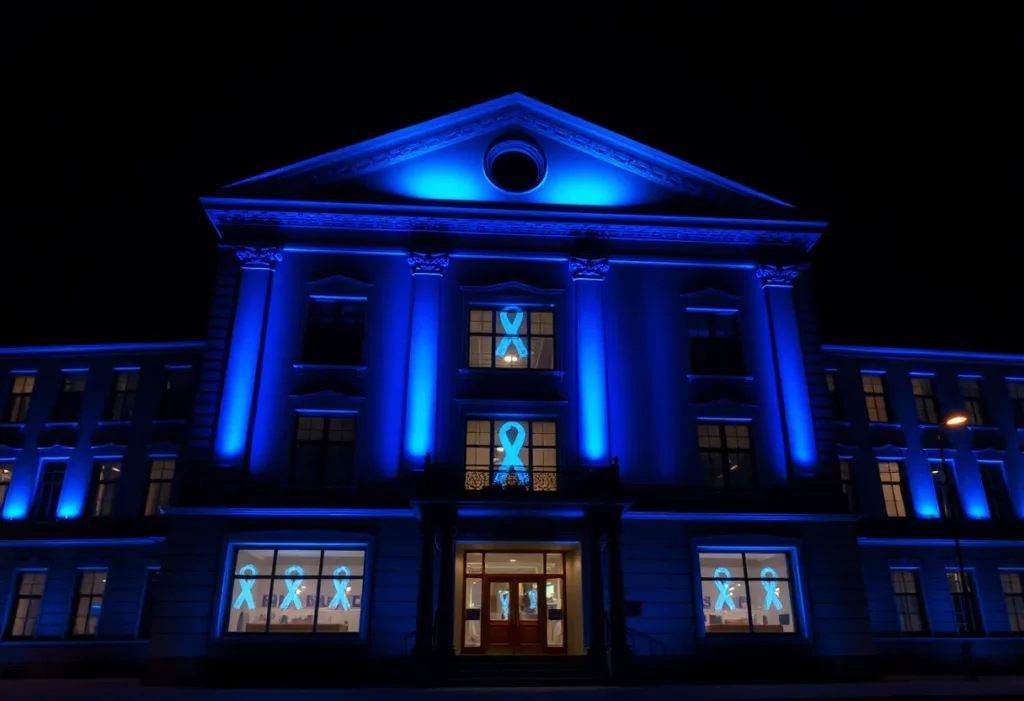 Building illuminated in blue light for mesothelioma awareness