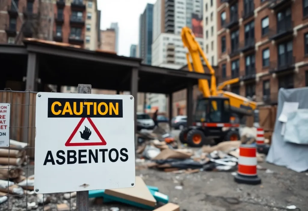 Construction site of the Brooklyn Village development with a caution sign for asbestos.
