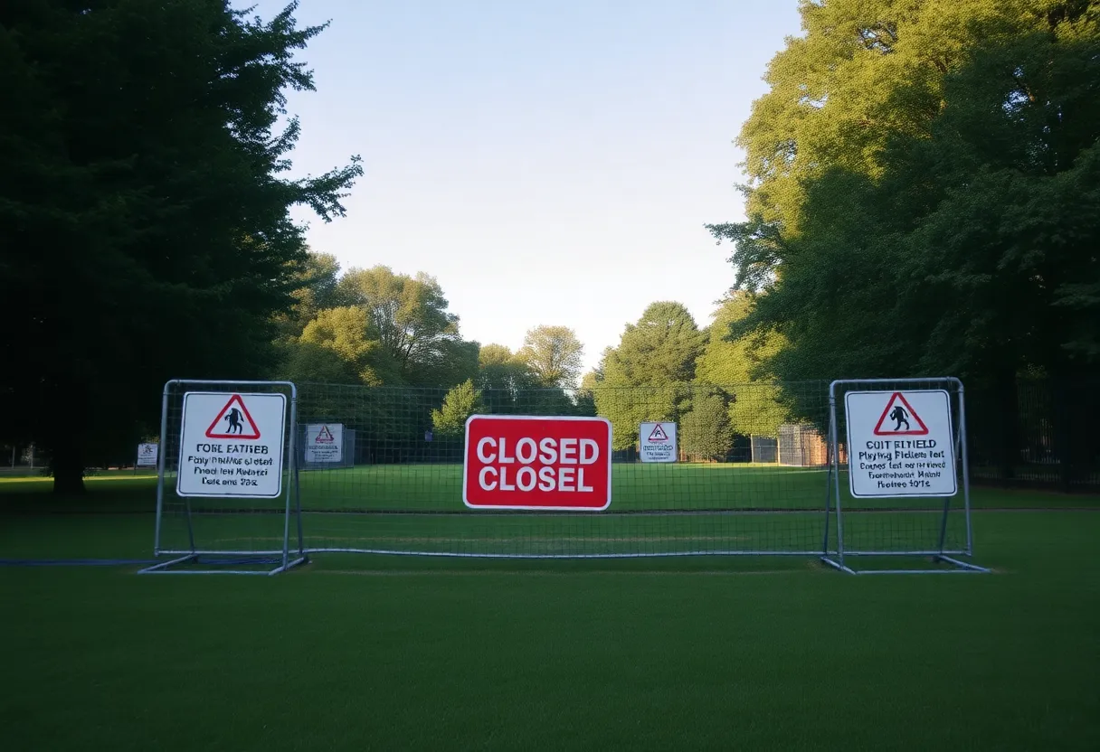 Closed playing field with caution signs in Chalford
