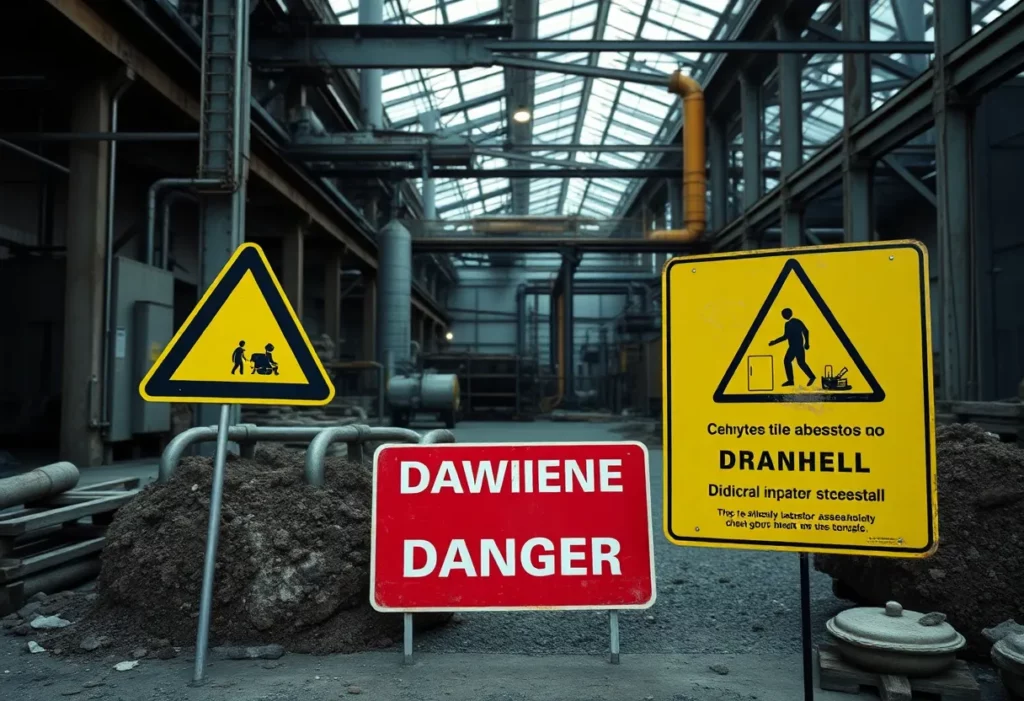 Illustration depicting the dangers of chrysotile asbestos in an industrial environment.