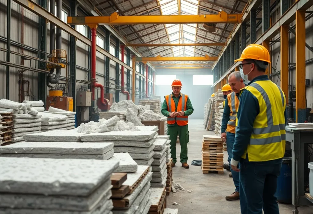 Factory environment with chrysotile asbestos products and safety measures in place.