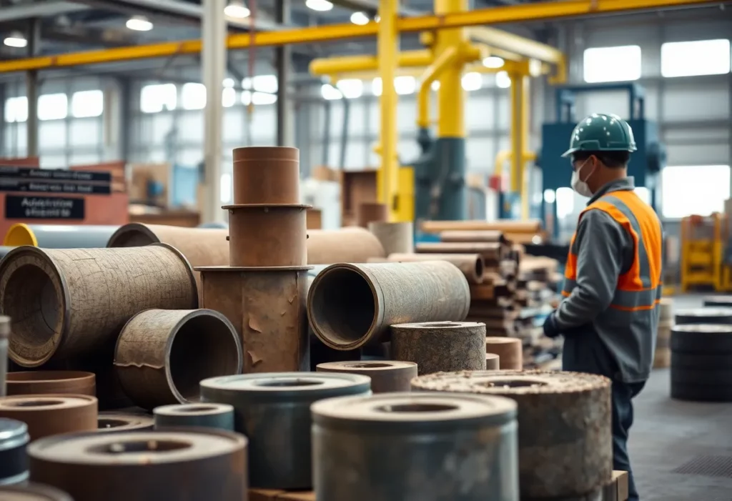 Workers in an industrial setting using chrysotile asbestos products with safety equipment.