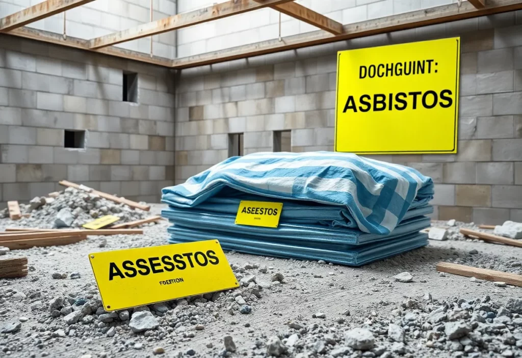 Construction site with materials labeled asbestos, illustrating public health risks.
