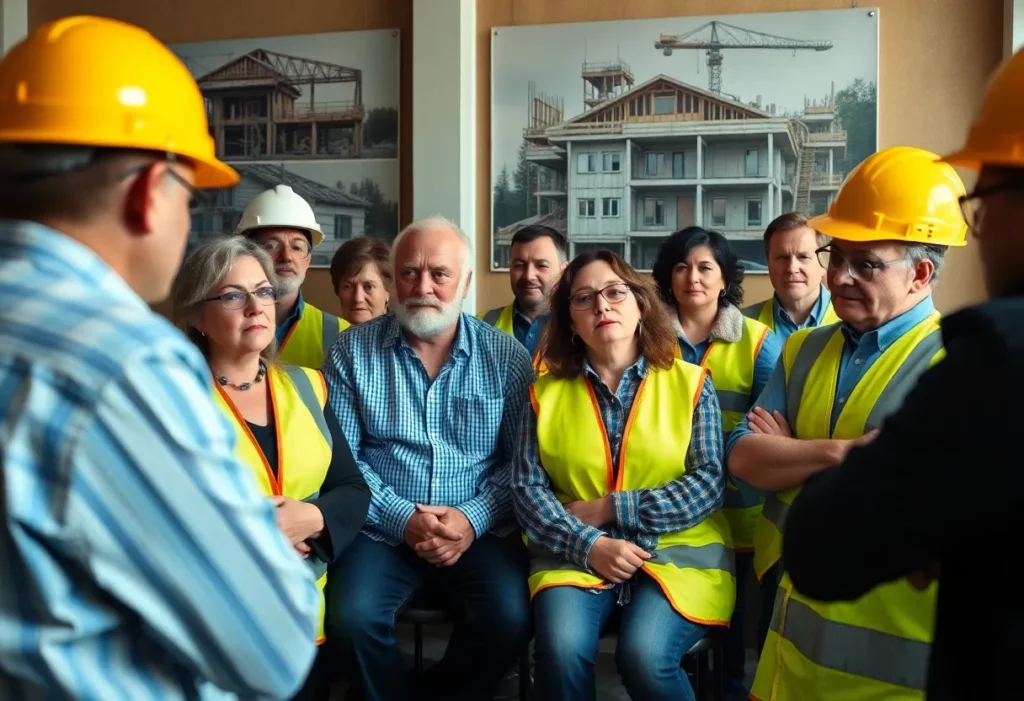People discussing asbestos exposure safety in a community setting.