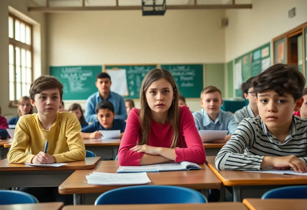 Students and teacher concerned about asbestos warnings in school.