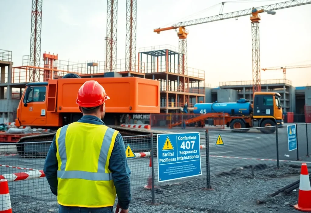 Construction workers wearing safety gear at a site with asbestos warning signs.