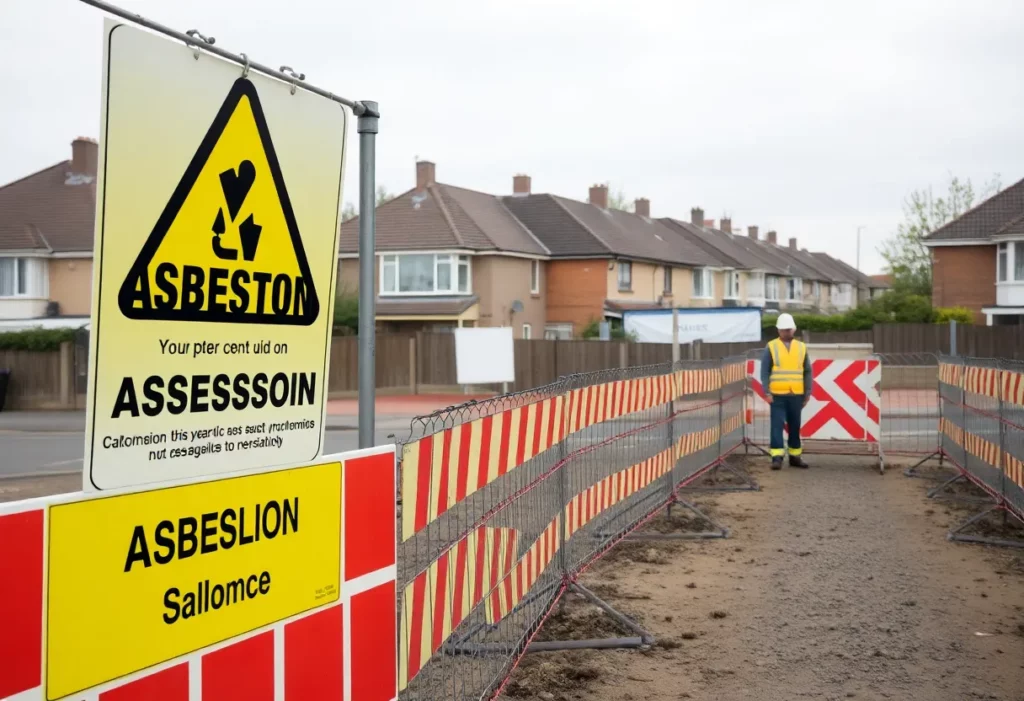 Construction site displaying safety measures for potential asbestos exposure