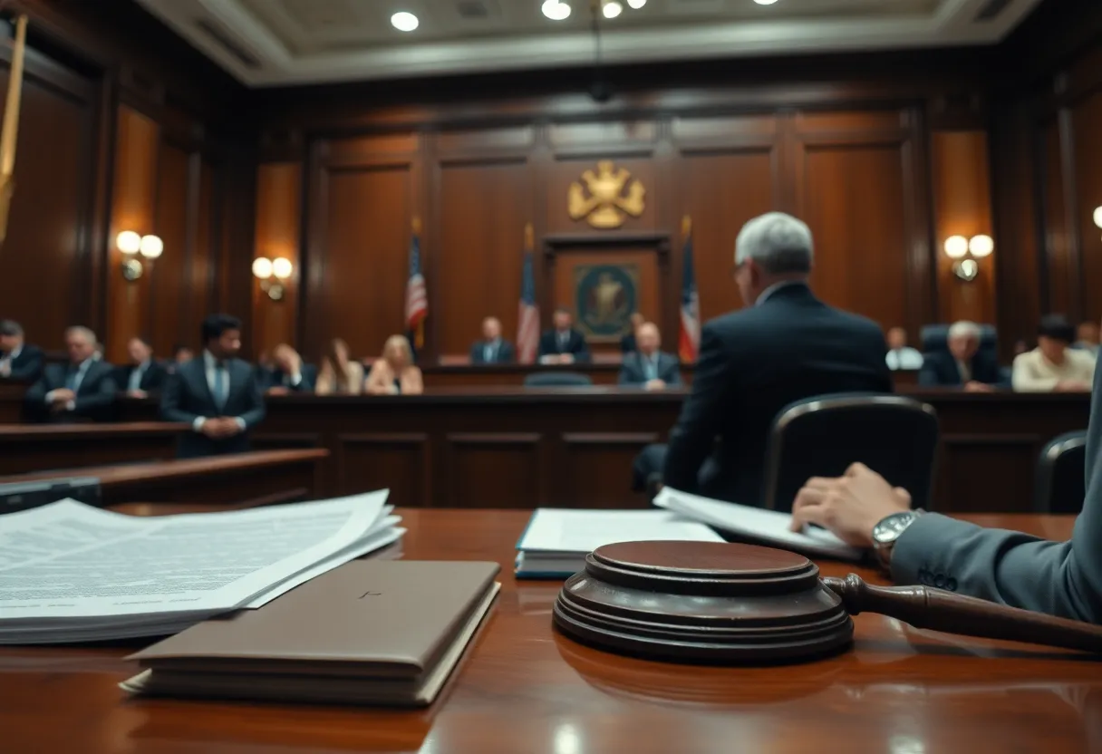 A courtroom depicting a legal dispute concerning asbestos exposure claims.