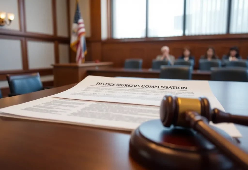 Courtroom setting with legal documents symbolizing workers' compensation