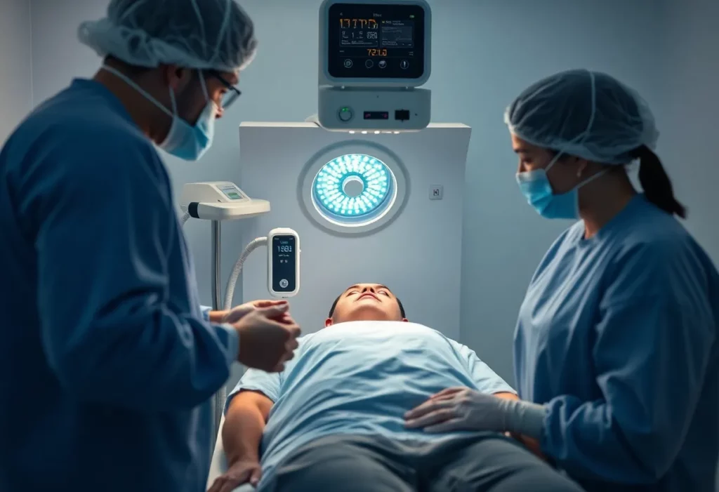 Medical professional administering cryoablation therapy in a clinical setting.