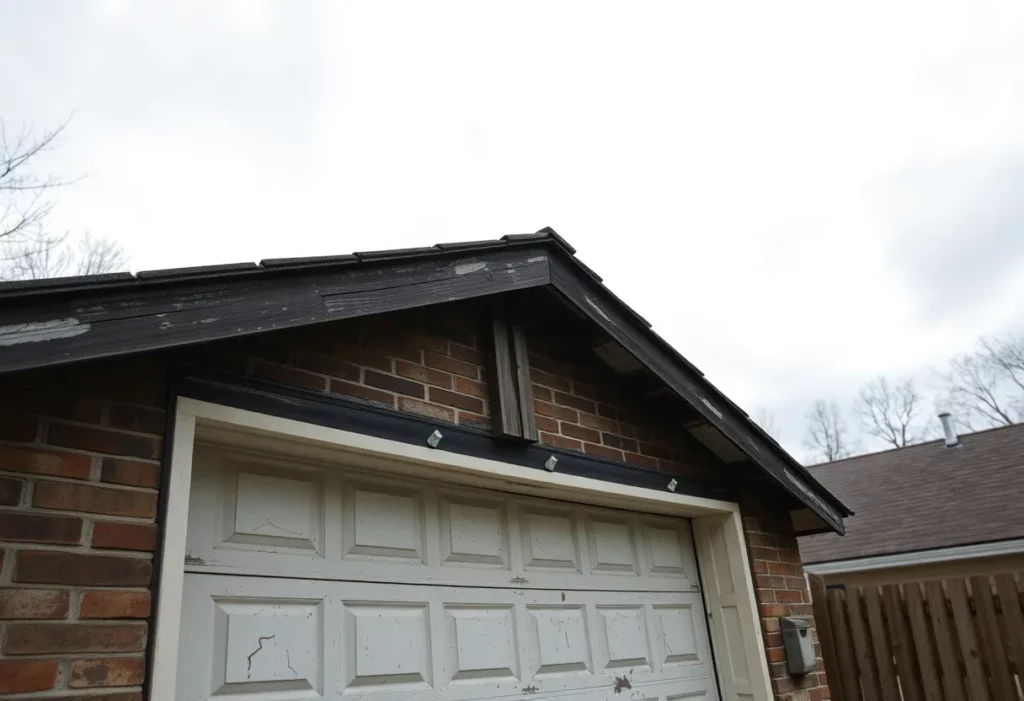Worn garage roof with signs of damage associated with asbestos risk.