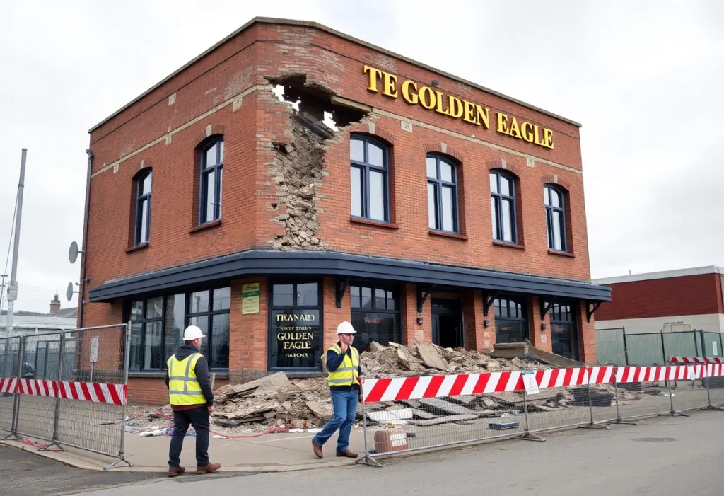 Workers managing demolition of Golden Eagle building in Thornaby, surrounded by safety equipment.
