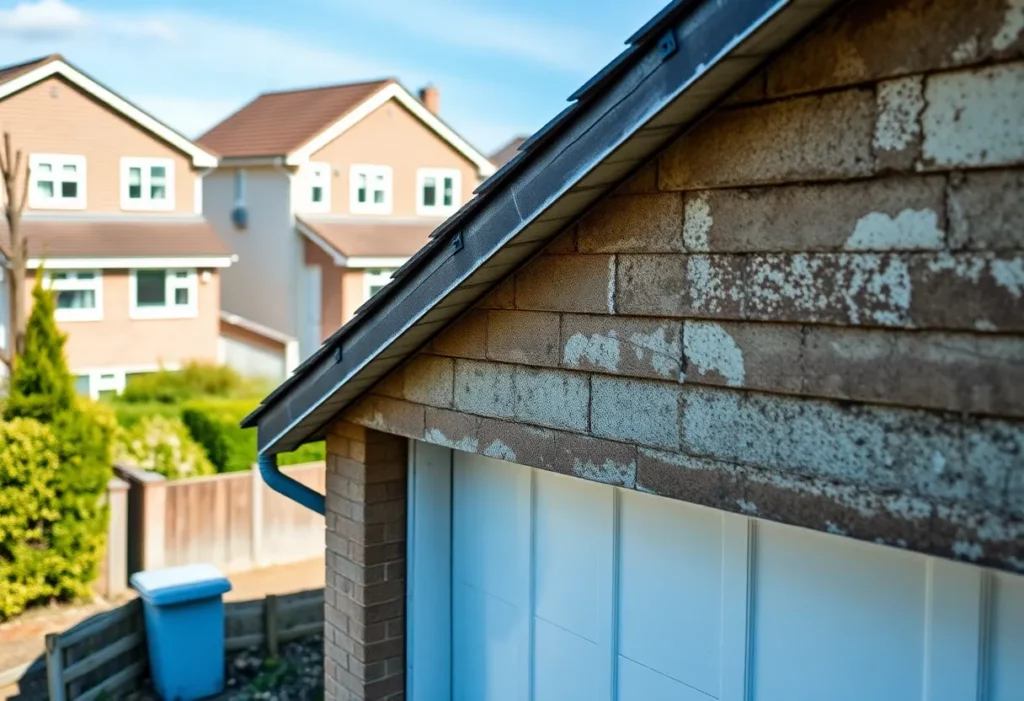 Deteriorating garage roof potentially containing asbestos