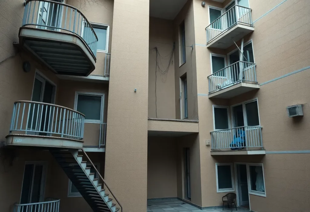 A view of a residential building with a non-operational elevator.