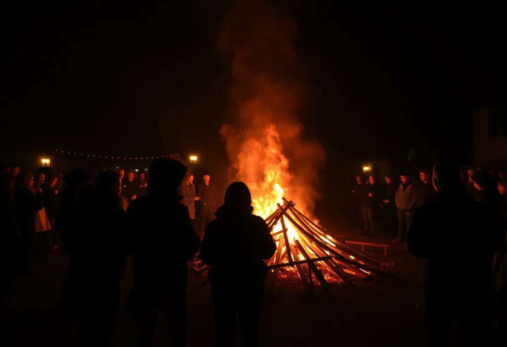 Crowd gathered around a large bonfire during Eleventh Night in Northern Ireland.