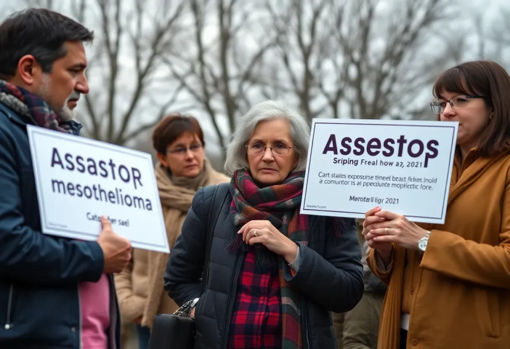 A family gathering with a somber expression, promoting awareness about mesothelioma and asbestos dangers.