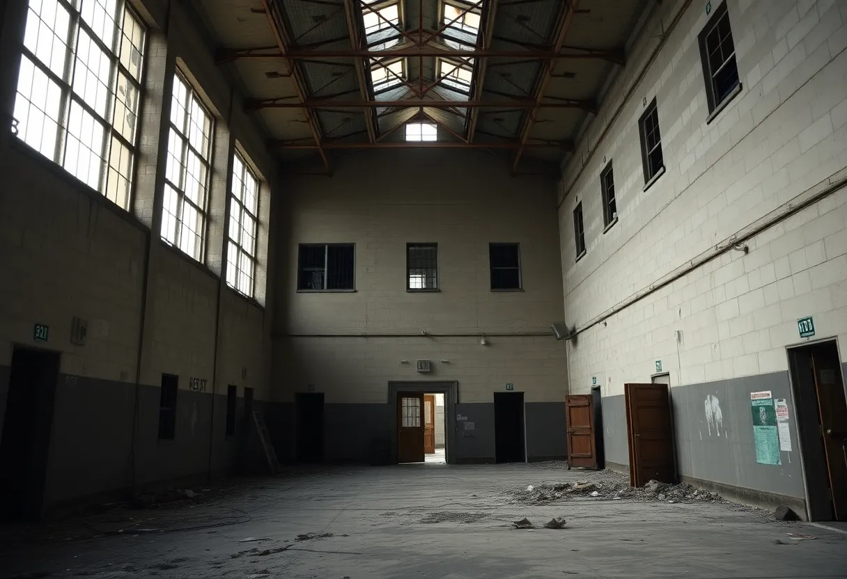 A federal prison building showing signs of decay and structural issues related to asbestos.