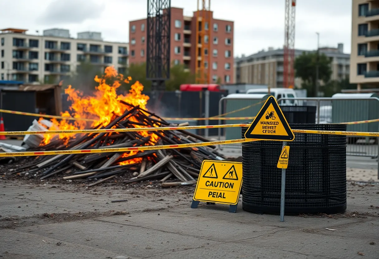 Caution tape at a construction site near a bonfire location indicating asbestos hazard