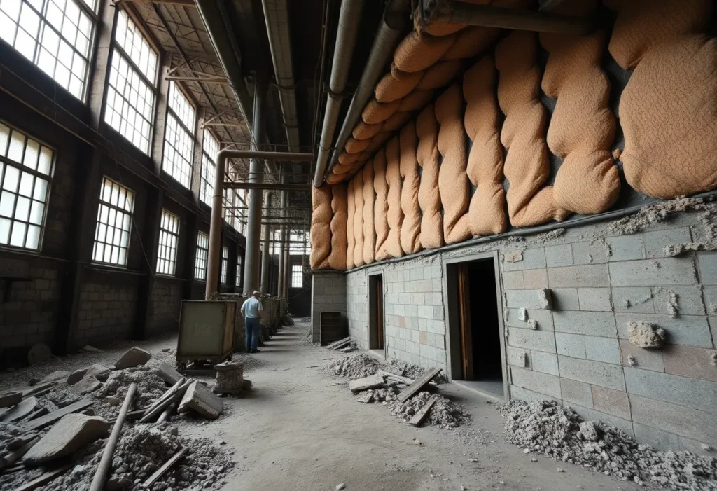 Workers in an industrial setting with asbestos insulation