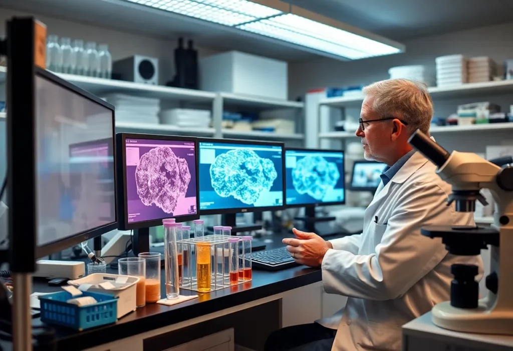 A team of researchers collaborating on mesothelioma treatment.