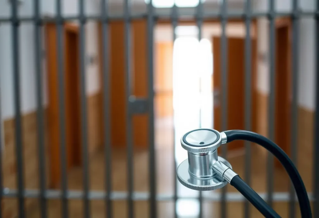 Stethoscope in front of a prison cell representing health issues.