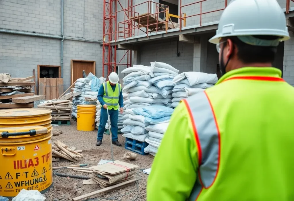 Workers in safety gear conducting asbestos removal at a construction site