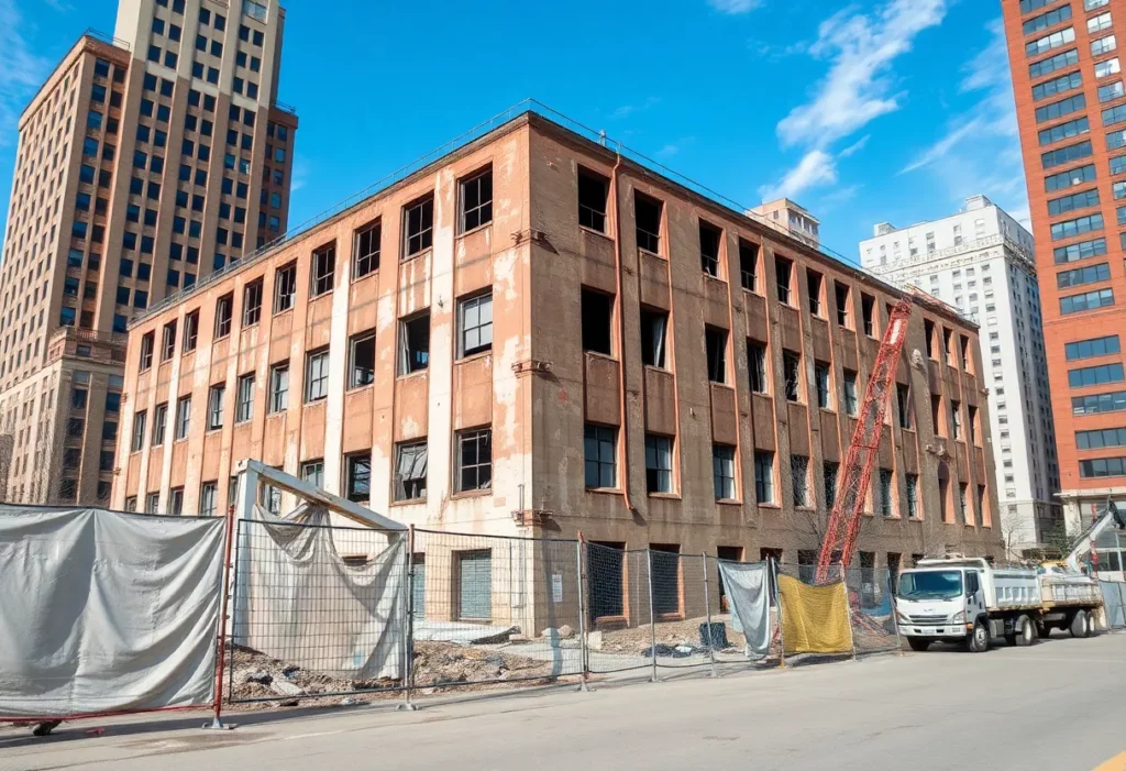 Abandoned Leys building surrounded by construction barriers in Leicester.