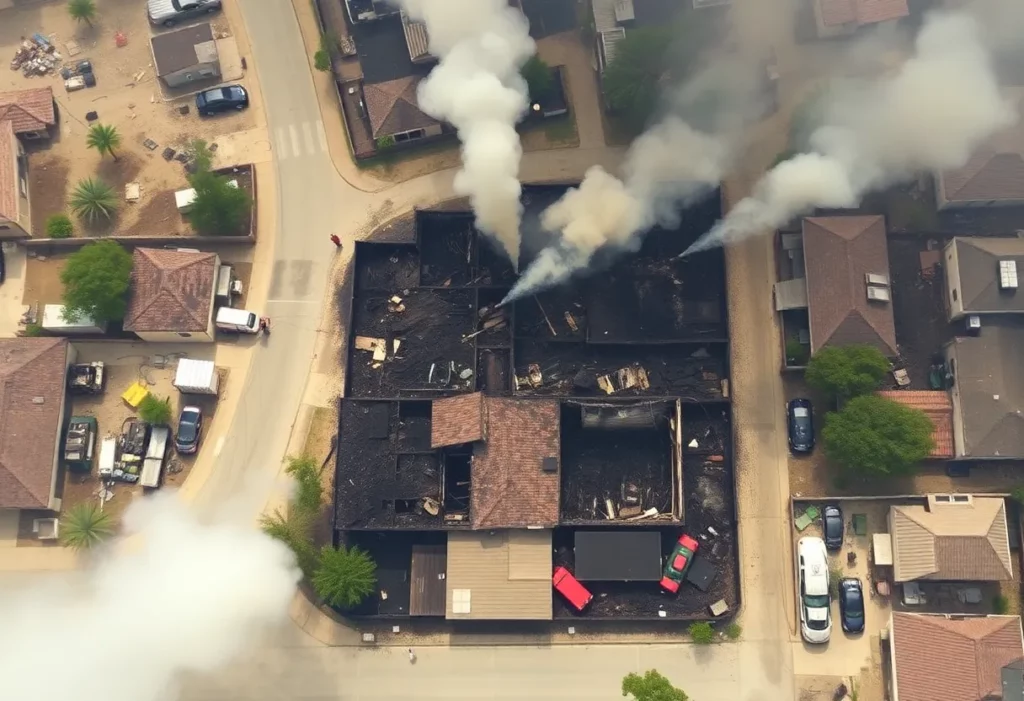 Cleanup efforts in wildfire-damaged Los Angeles area showcasing charred buildings and safety measures.