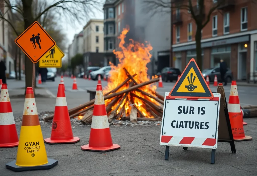 Warning signs at a loyalist bonfire site marked for safety concerns.
