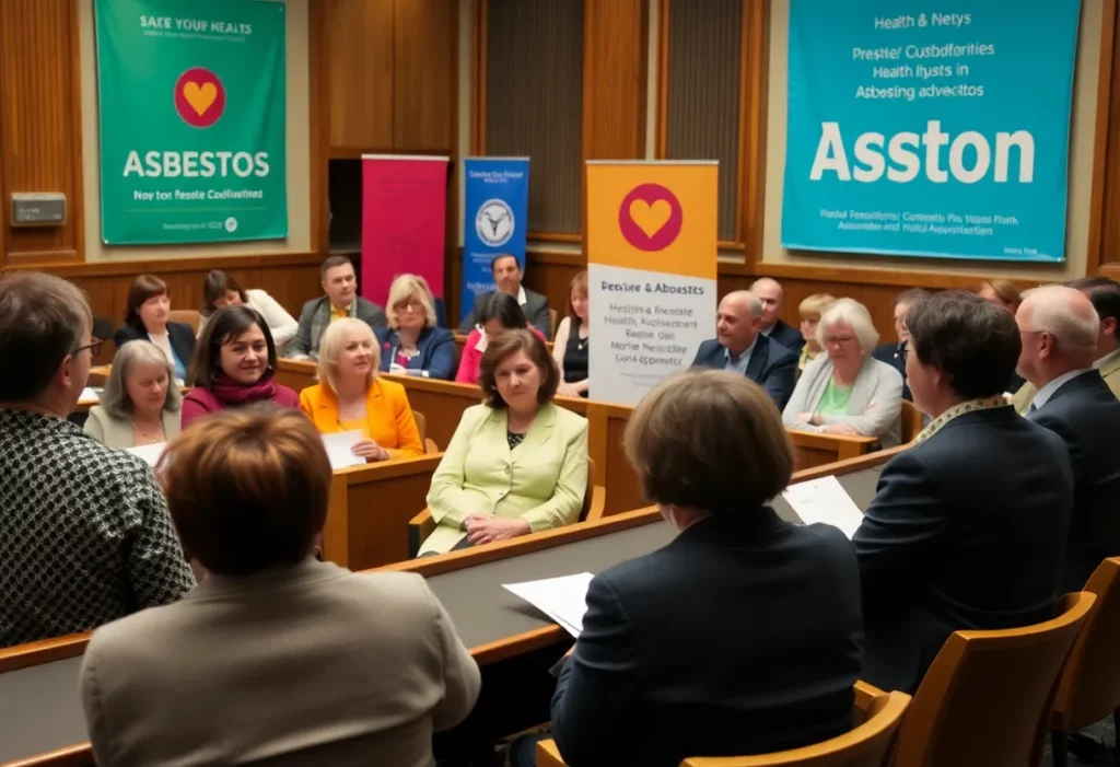 Community advocates discussing mesothelioma awareness in a parliamentary setting.
