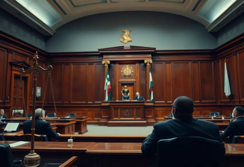 Courtroom scene depicting a legal battle over asbestos exposure.