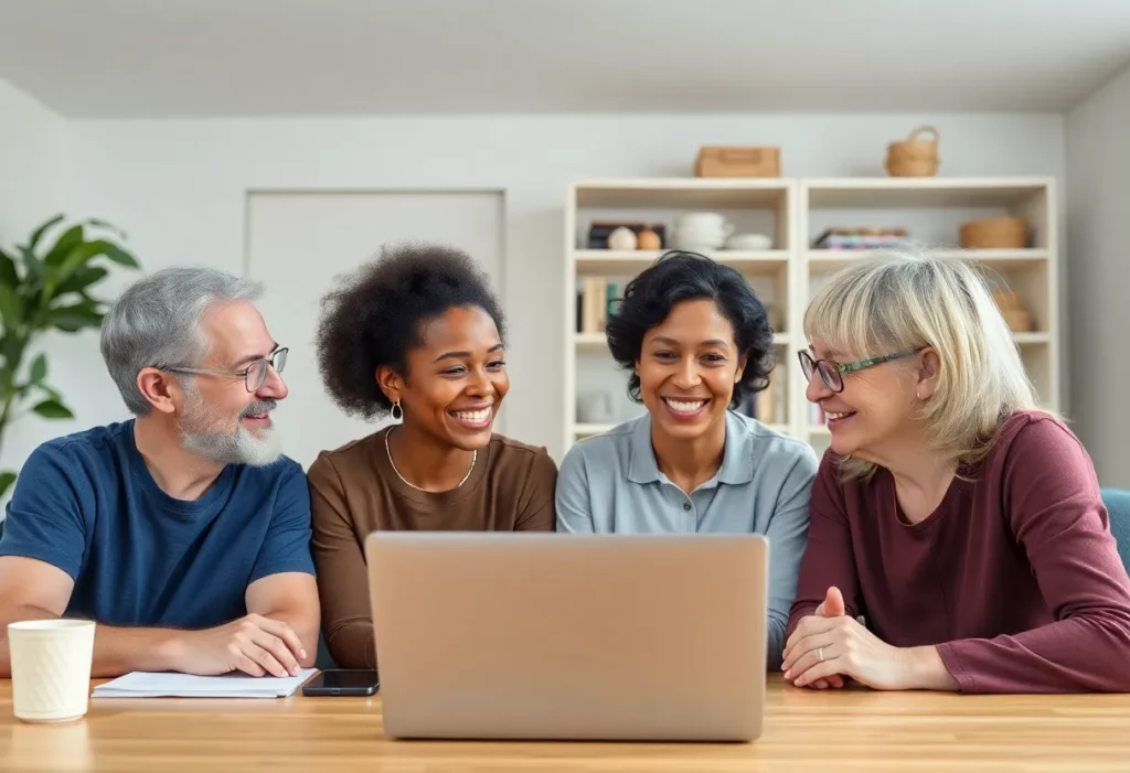 Virtual meeting of mesothelioma support group participants sharing experiences and support.