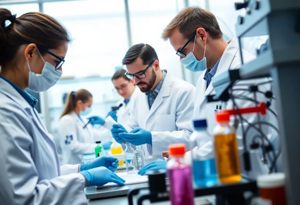 Researchers collaborating in a lab on mesothelioma treatment advancements