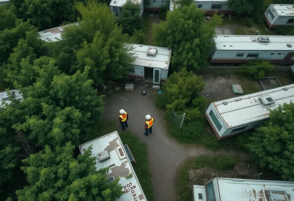 Workers inspecting Myrtle Grove Trailer Park for asbestos
