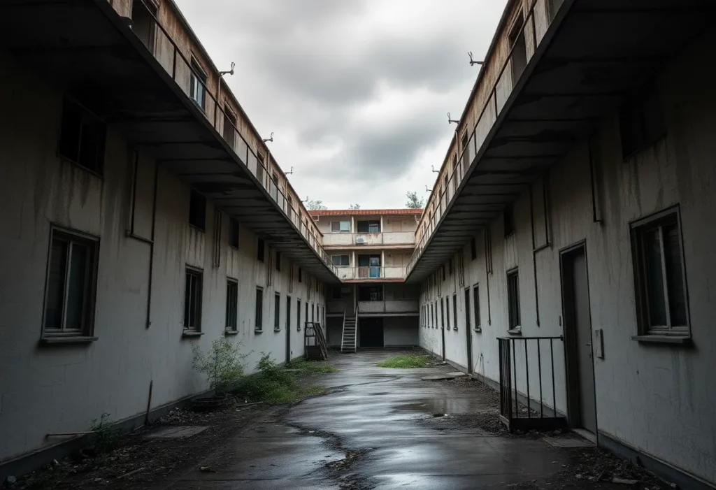 Neglected military housing with visible damage and mold