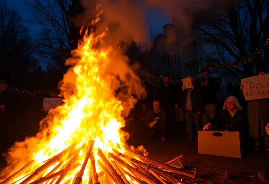 Large bonfire in Northern Ireland with festive decorations and signs of protest