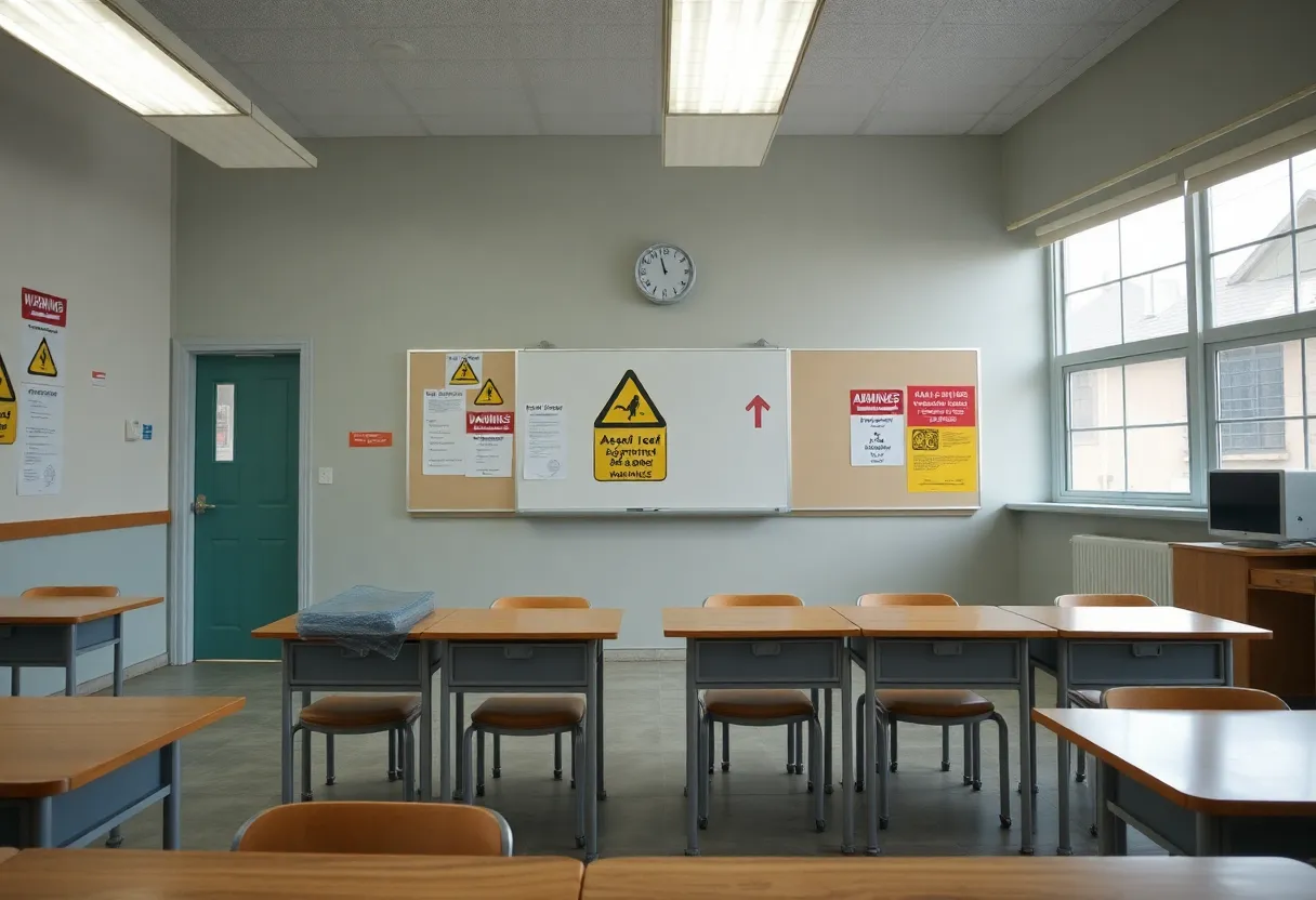 Warning signs of asbestos in a school environment.