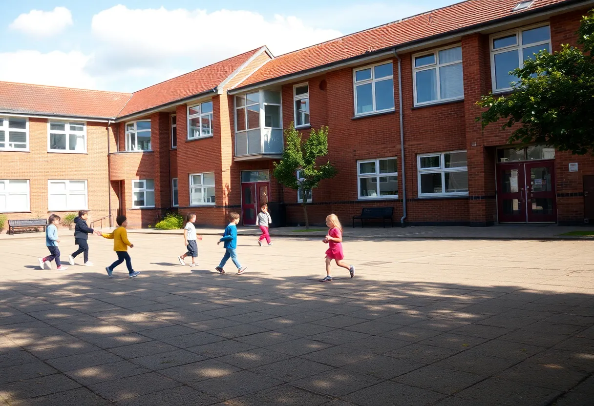 Children playing safely in a Philadelphia schoolyard amidst buildings compliant with asbestos management.