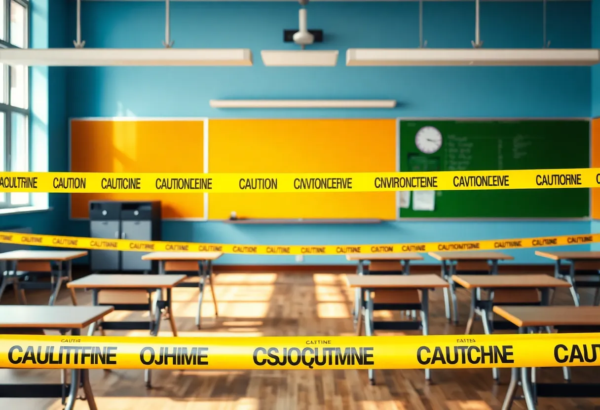 Classroom with caution tape indicating asbestos hazards