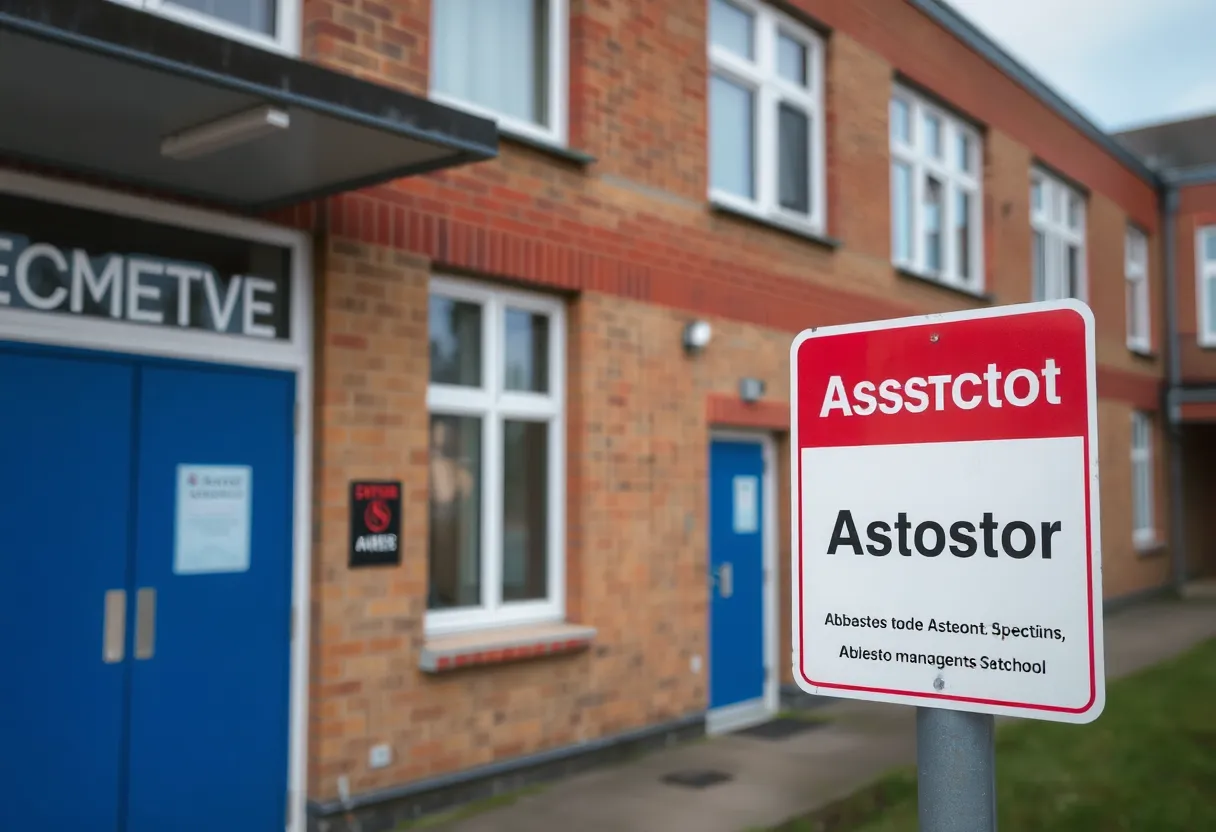 School building with asbestos warning signage