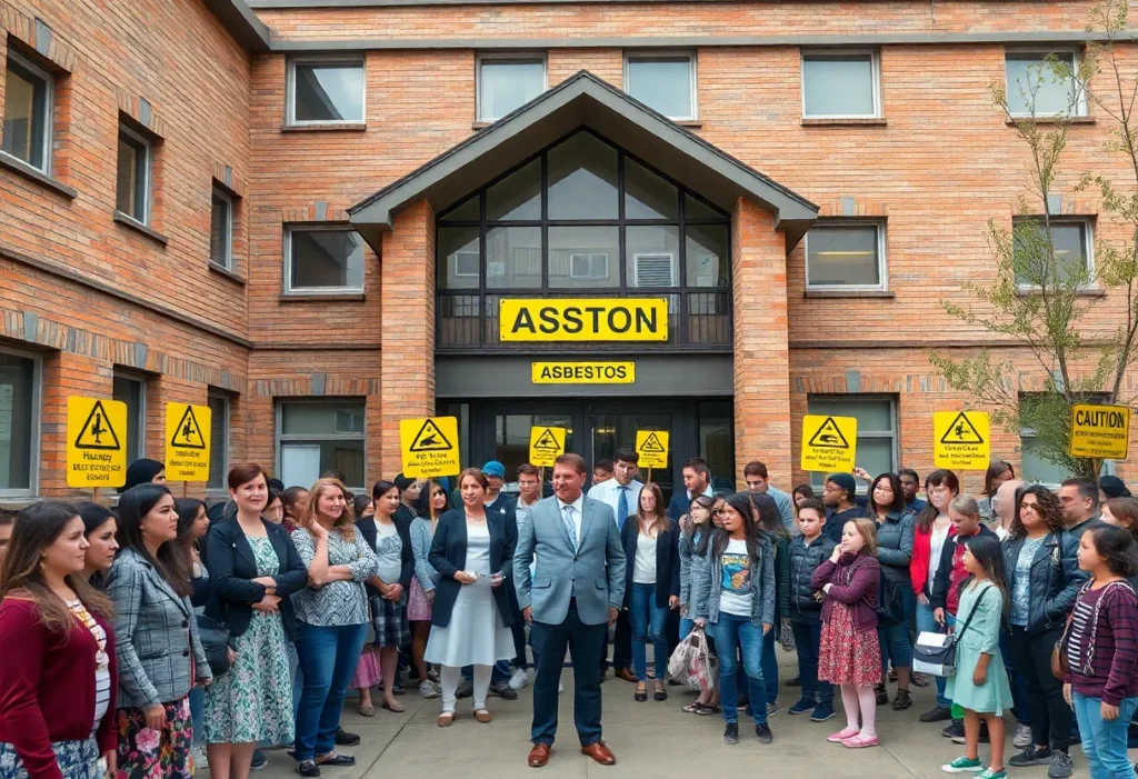Caution signs about asbestos at a Philadelphia school
