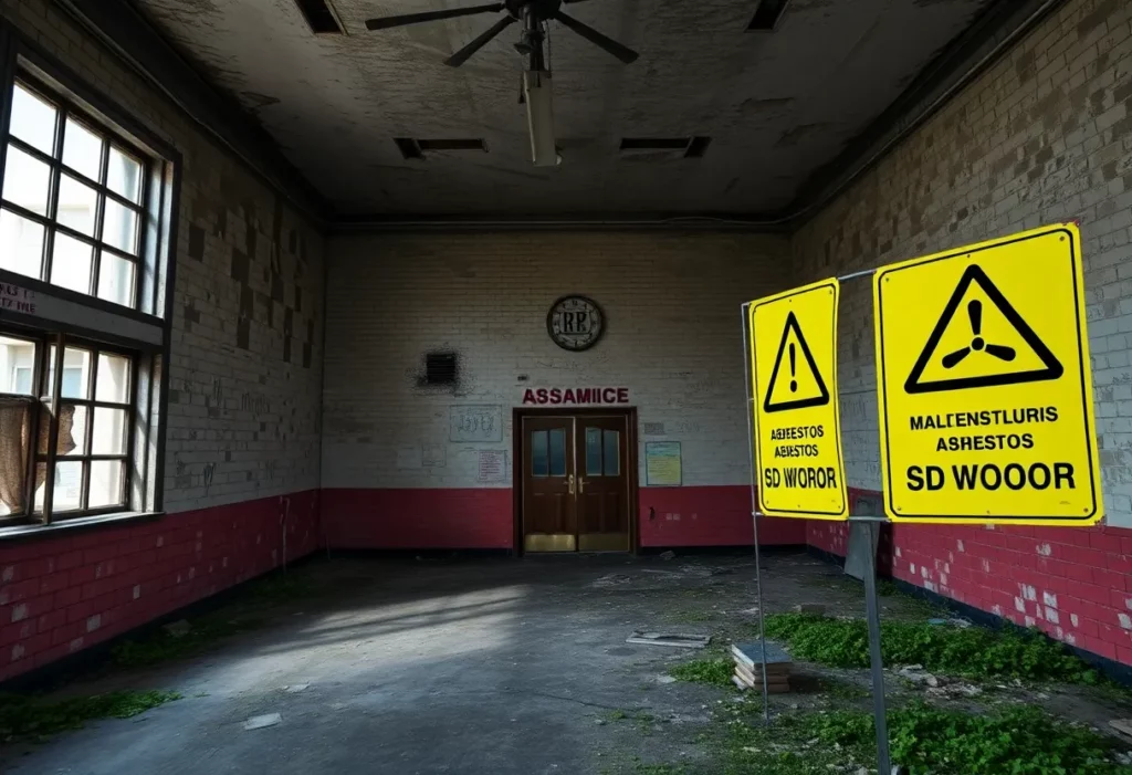 A warning sign for asbestos in front of a Philadelphia school building.